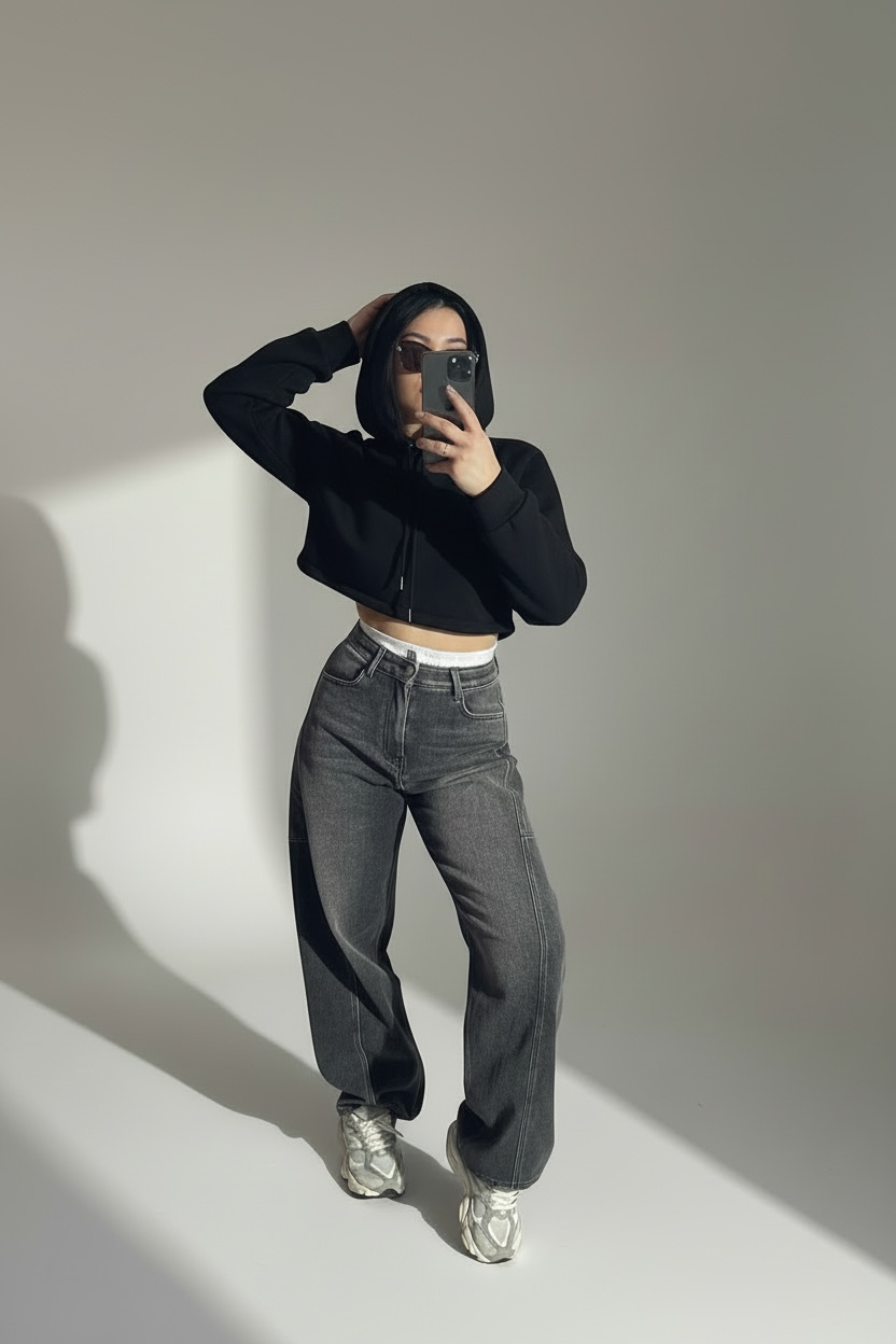 FELPA CROP BASIC CON CAPPUCCIO