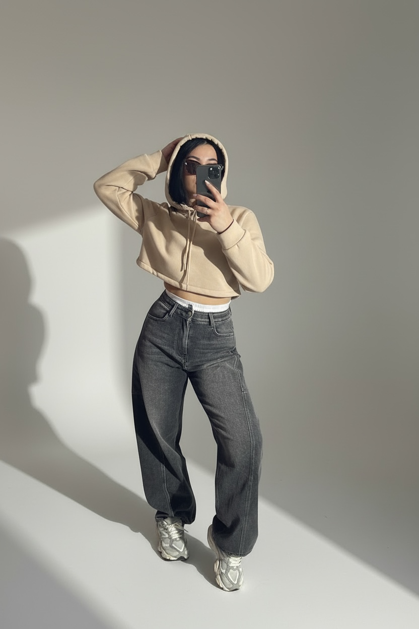 FELPA CROP BASIC CON CAPPUCCIO